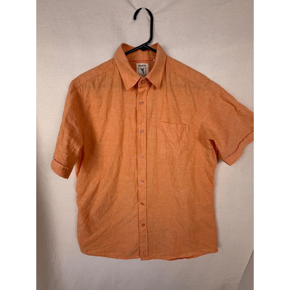 Natural Blue by Visitor Button Down Shirt Mens L Orange‎ 100% Linen Short Sleeve